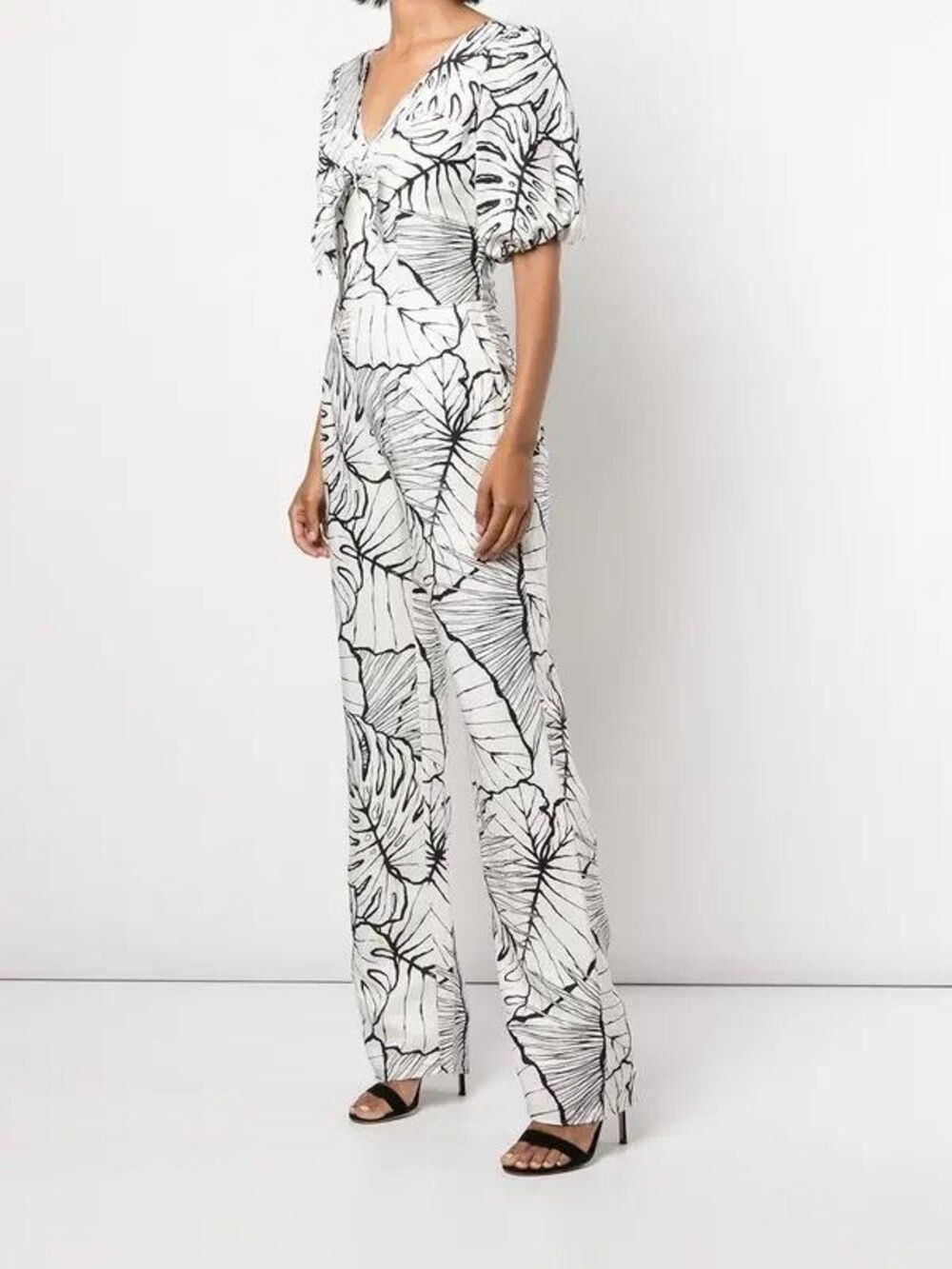 NWT Marchesa Notte White & Black Leaf Print Linen Blend Jumpsuit Size 2